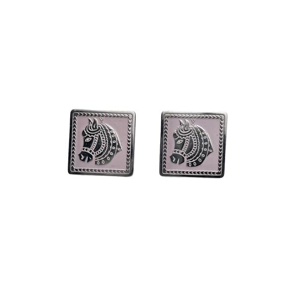 Vintage Swank Trojan Horse Cuff Links Pink Enamel Silver Tone - Picture 1 of 7